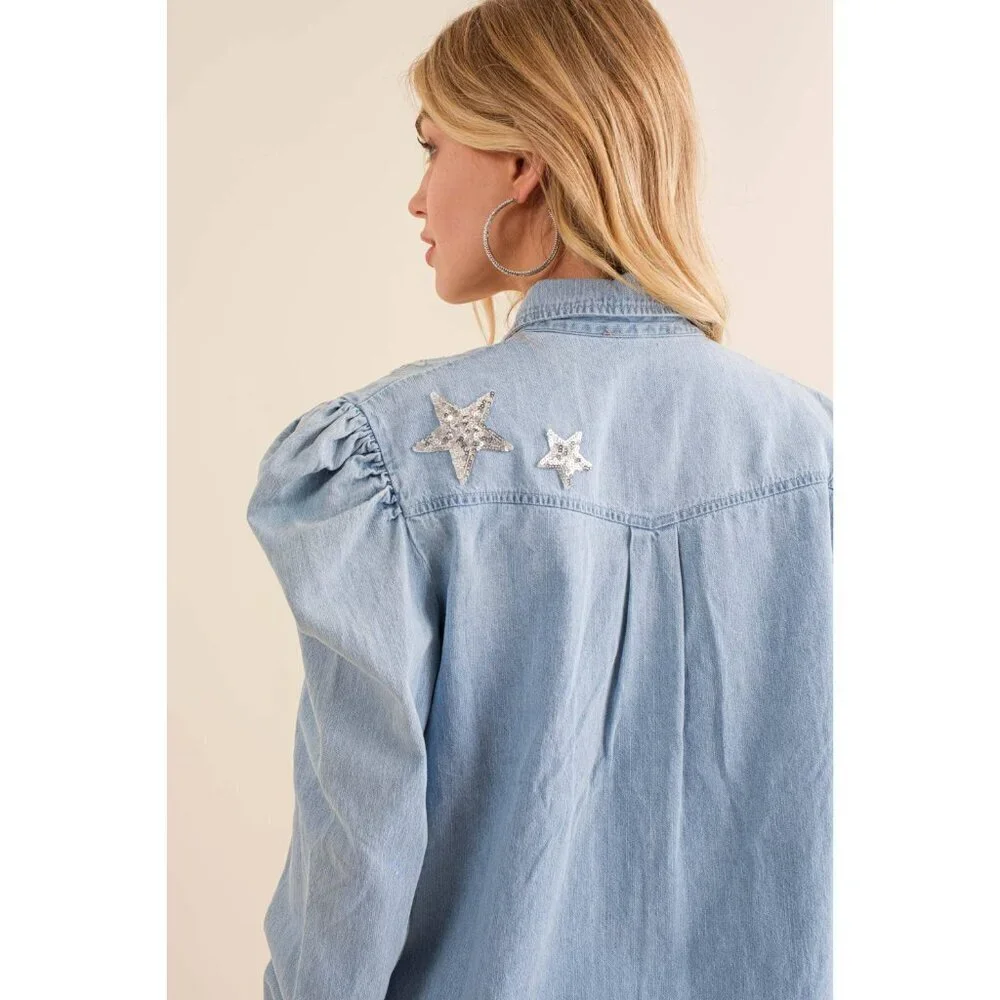 Sequin HOWDY Chambray Button Up with Puff Sleeves Shirt - Picture 4 of 10
